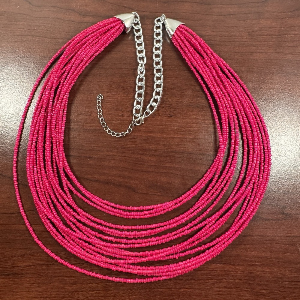 Hot Bright Pink Seed Bead Multi-Strand Silver Accent 21” Statement Necklace